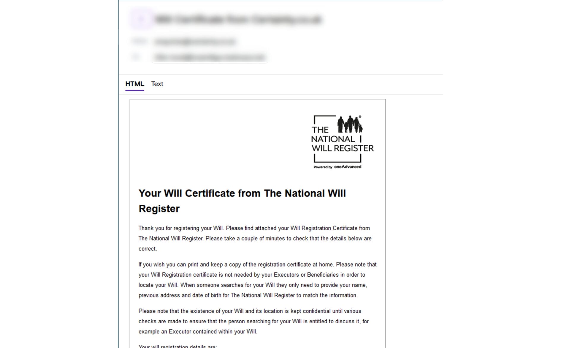 National Will Register - your will certificate